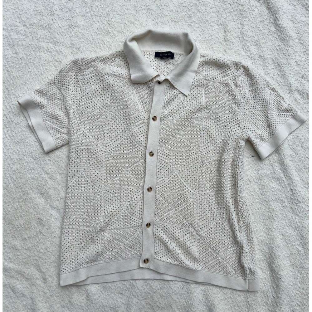 Cotton On Mens Cream Crochet Knit Button Down Polo Shirt Short Sleeve Ivory M